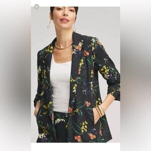 Chico's Open Front Soft Blazer" Vibrant Floral Black Blazer with sleeve ruching